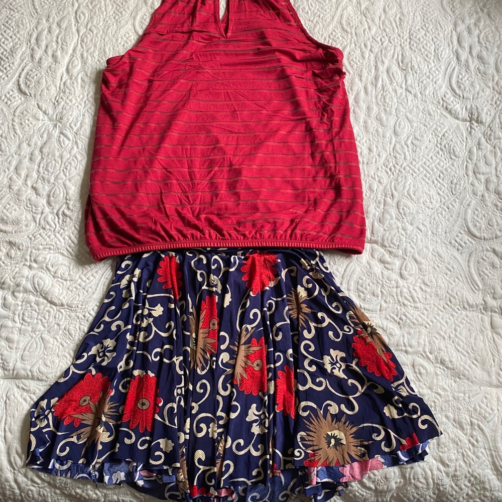 Red halter top and elastic waist flare mini skirt